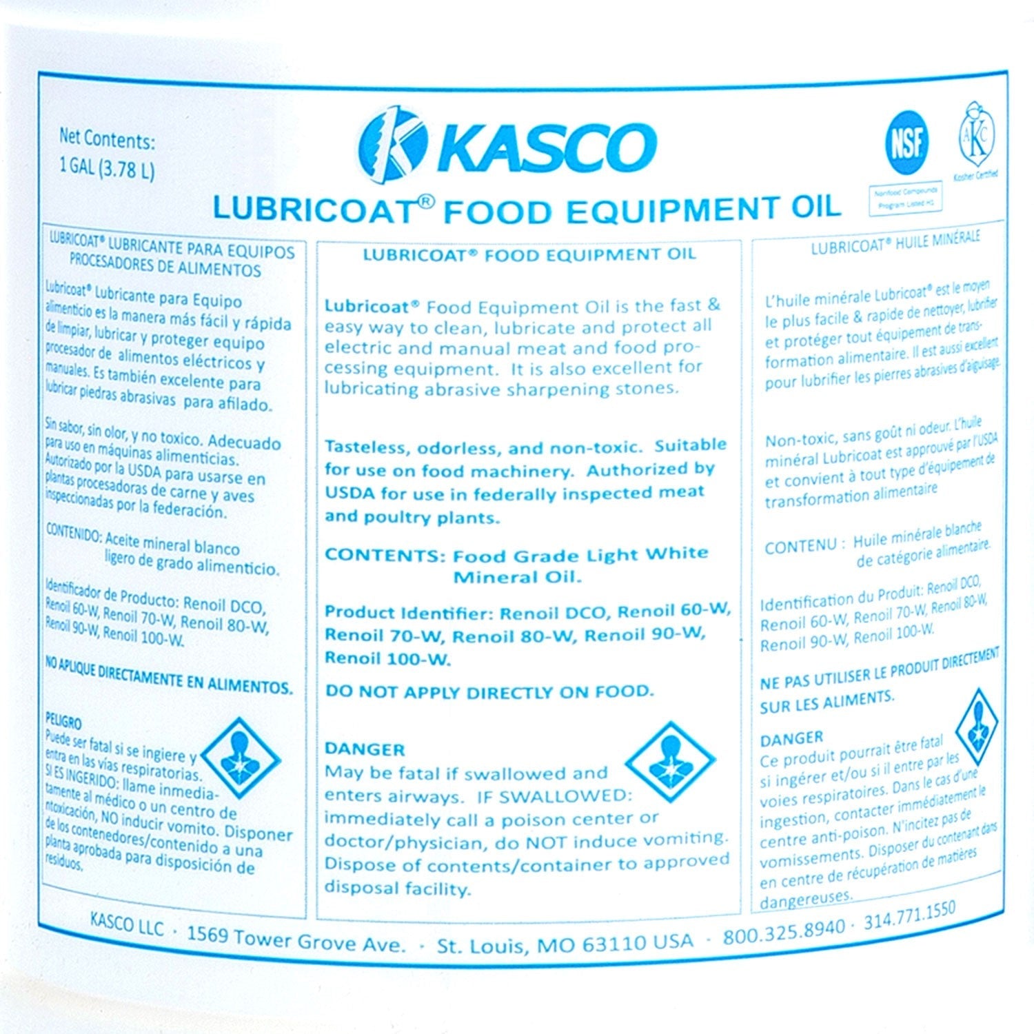 Lubrifiant alimentaire Lubricoat Oil, bouteilles de 4 à 1 gallon par caisse